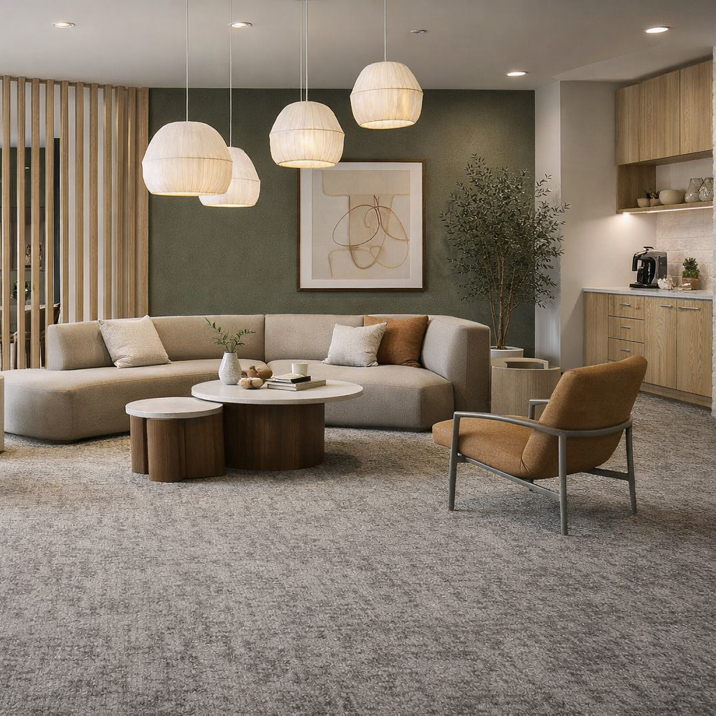 A modern living room interior with a large light beige sectional sofa, round wood-and-surface coffee tables, a tan upholstered armchair, pendant lights, a gray rug, and a dark green accent wall with framed abstract art.