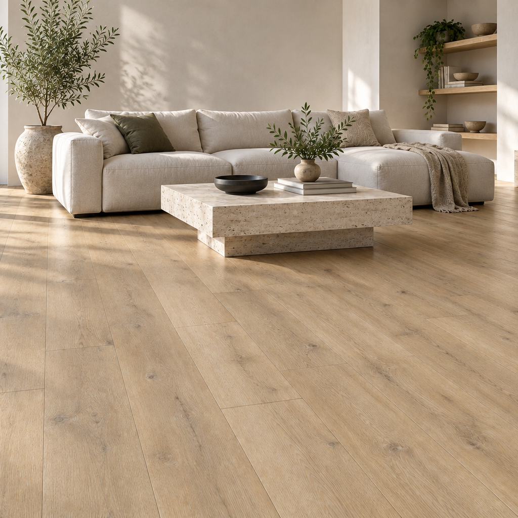 Light oak wood plank flooring with realistic grain patterns and natural knots in warm beige and tan tones.